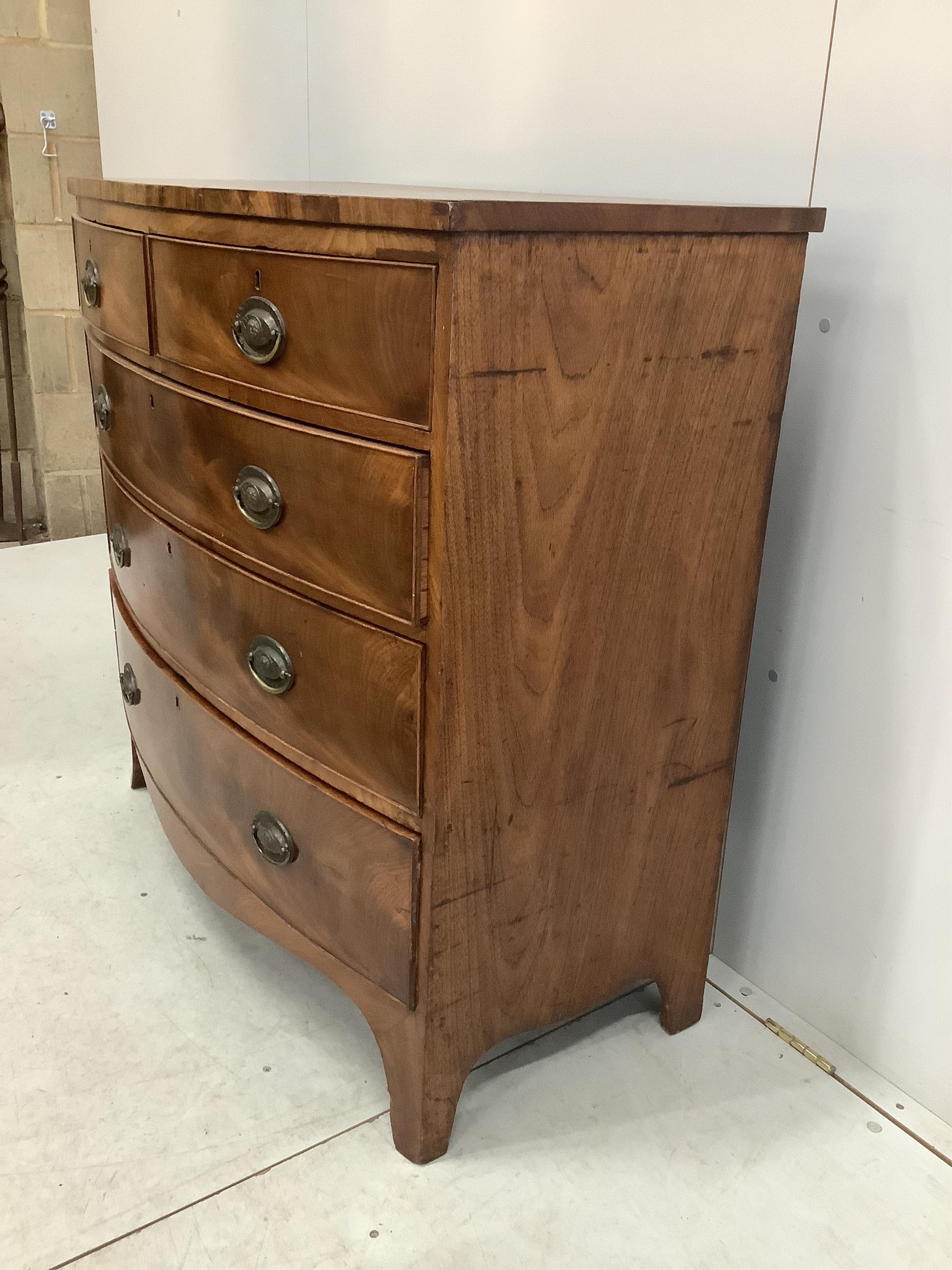 A Regency mahogany bow front chest, width 104cm, depth 52cm, height 101cm. Condition - fair